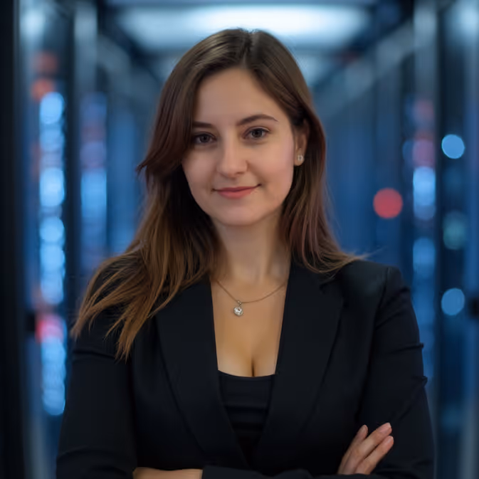 Confident young woman with brown hair in black blazer standing with arms crossed indoors.