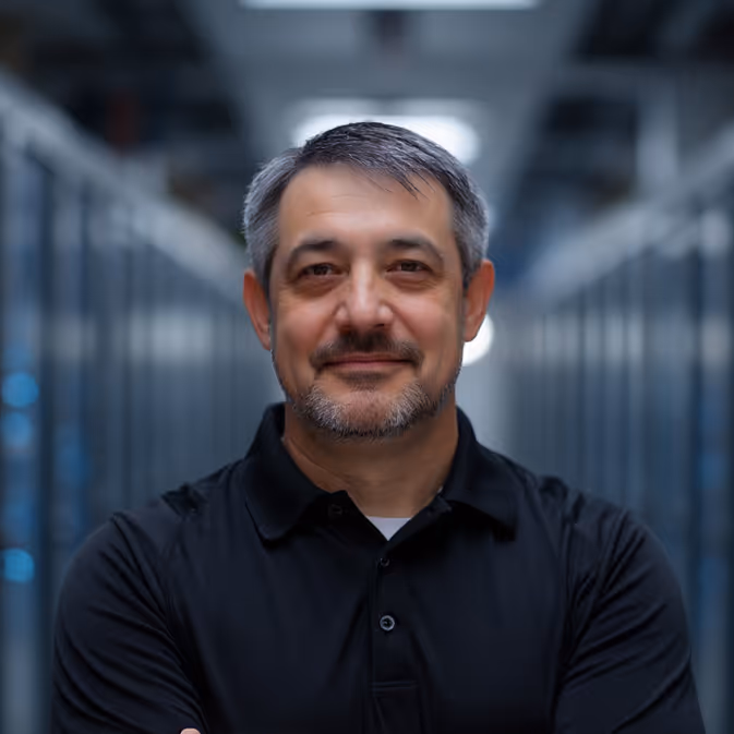 Middle-aged man with gray hair and beard in black polo shirt standing with arms crossed in a server room.