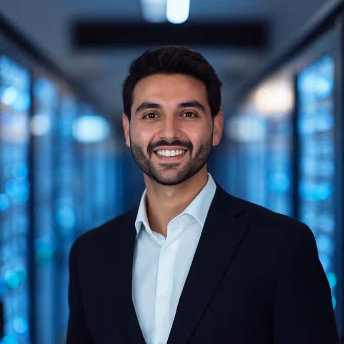 Smiling man in a dark suit and white shirt standing in a server room with blue lights.