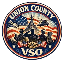 Union County VSO emblem with military figures, American flags, helicopter, and a warship silhouette.