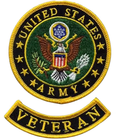 United States Army emblem patch with eagle and stars above a separate Veteran patch.