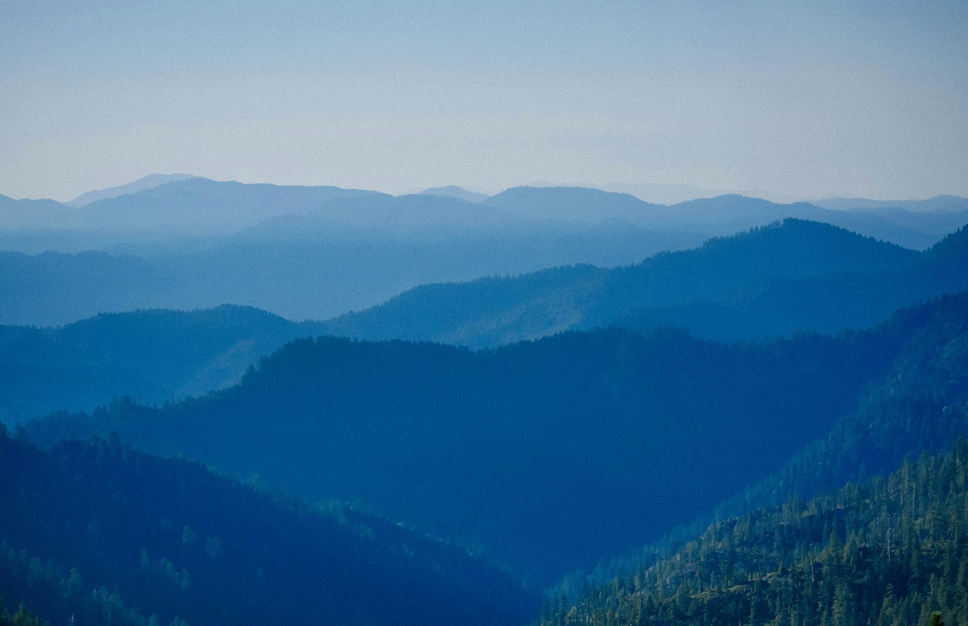 Layered blue mountains under a clear sky with a forested foreground.