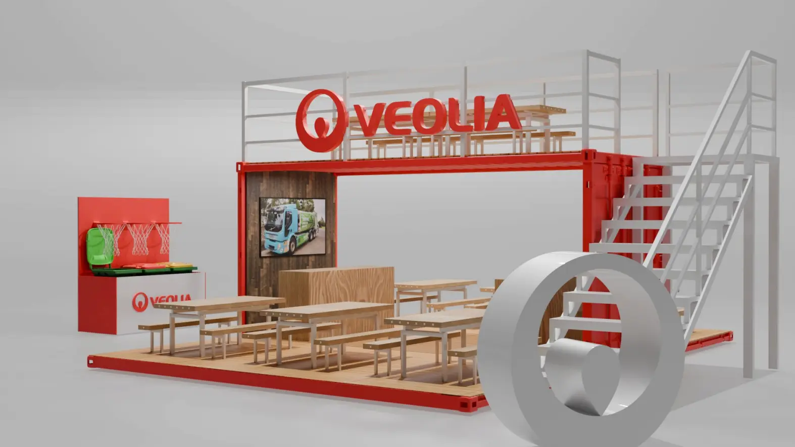 A stand with a staircase and tables and chairs.