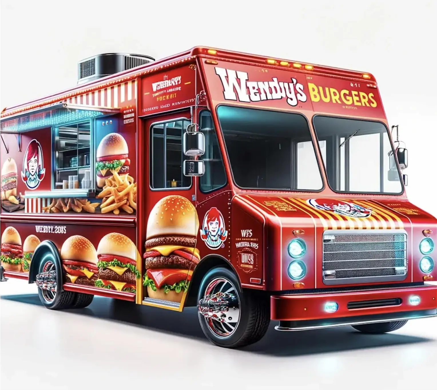 A red food truck with hamburgers and fries on the side.