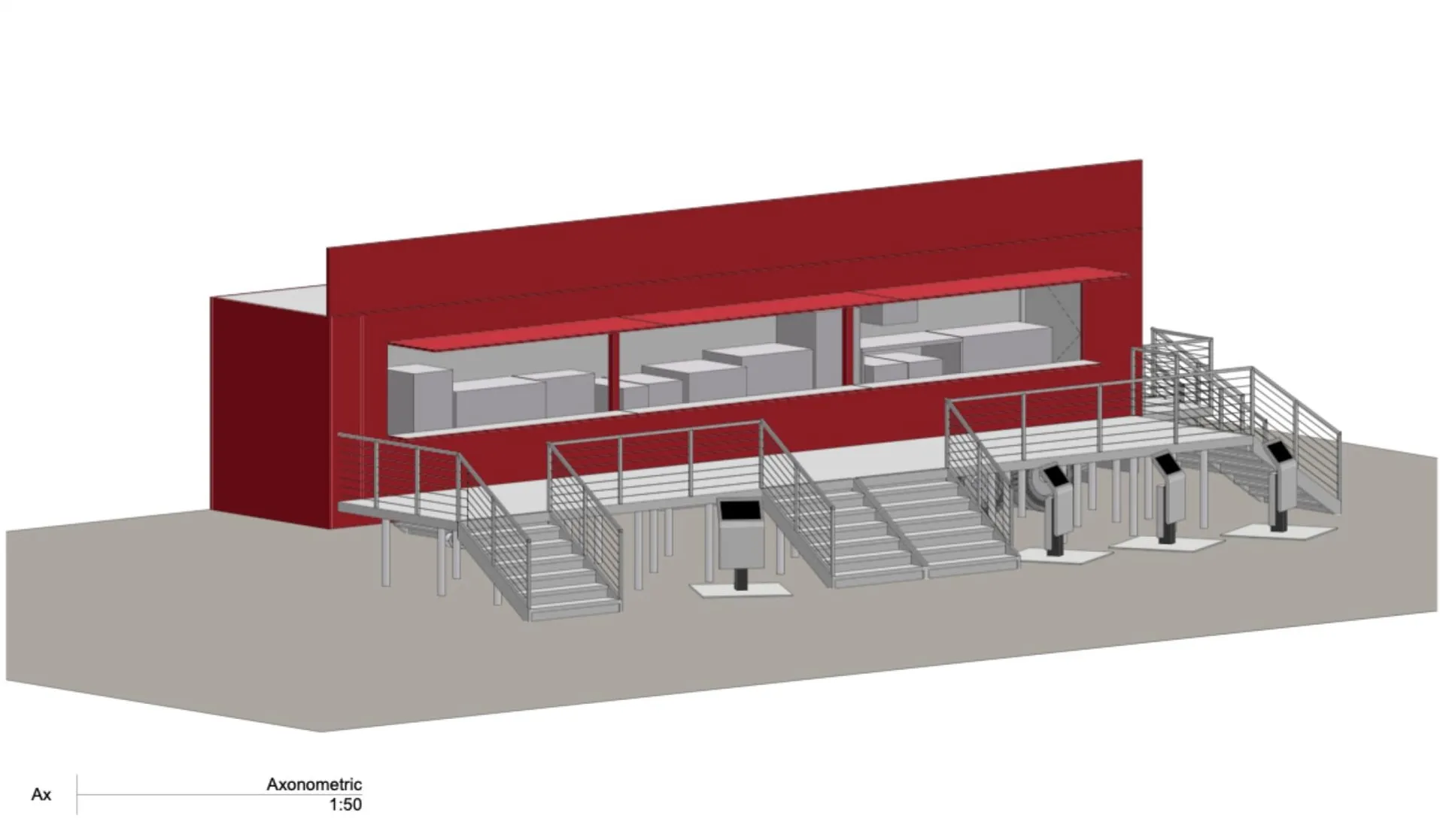 A red building with stairs leading up to it.