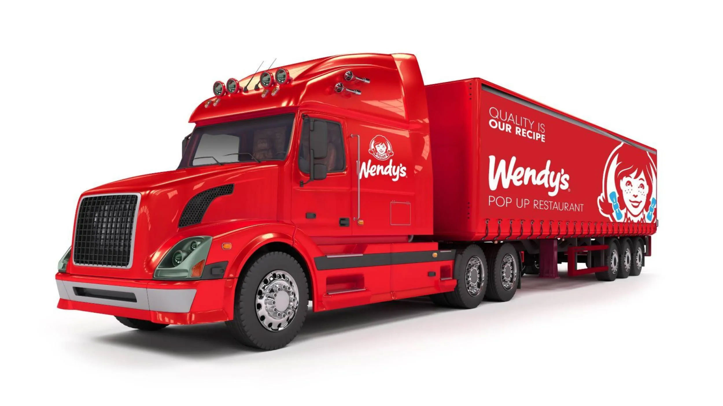 A red semi truck is shown on a white background.