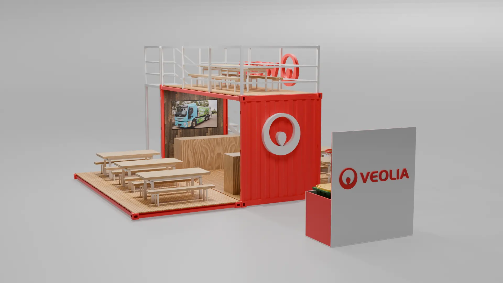 A small red and white building with a sign on it.