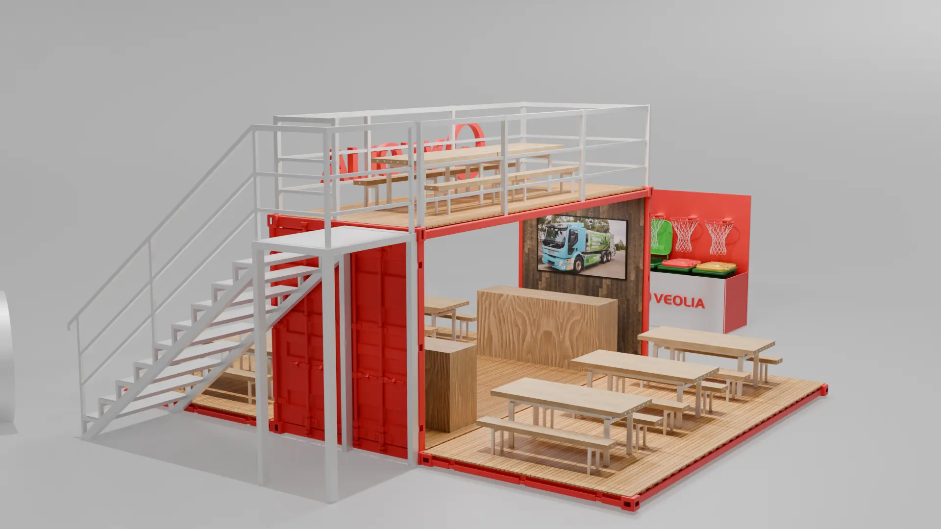 A model of a restaurant with a staircase.