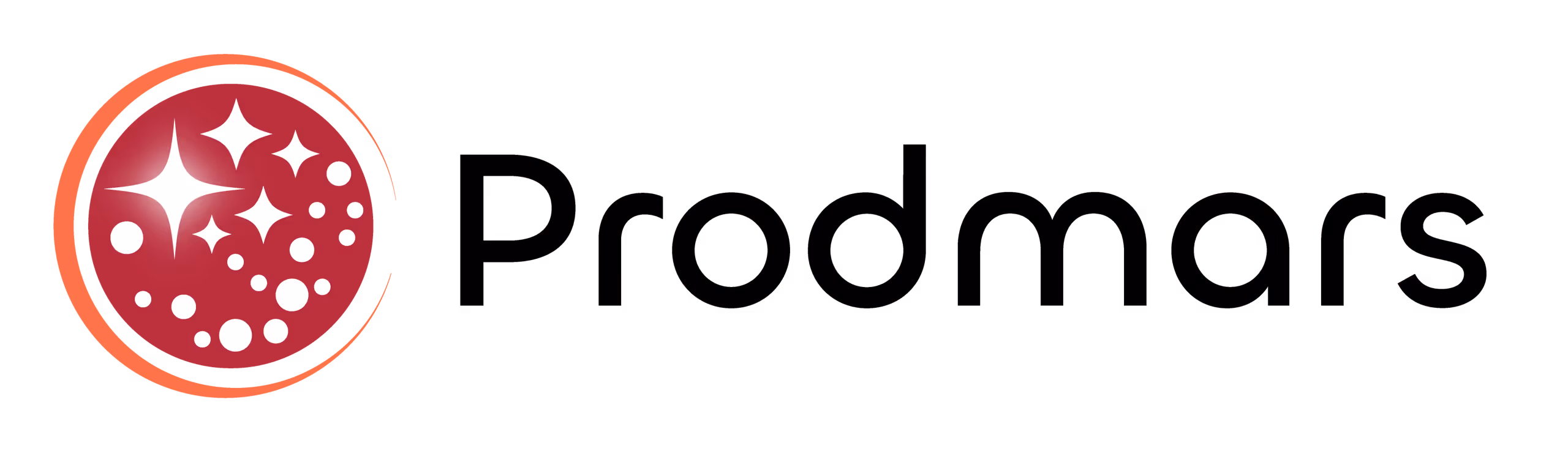 Prodmars company logo featuring a red circle with white sparkles, surrounded by an orange swirl, next to the word 'Prodmars' in black text.