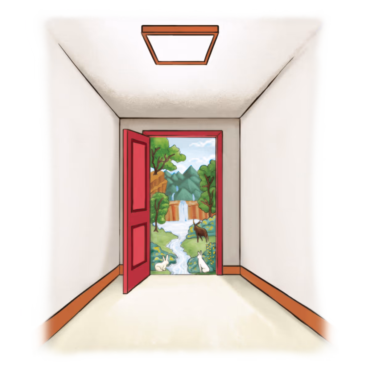 Room with white walls and an open red door leading to a scenic view of a river, waterfall, trees, and animals outside.