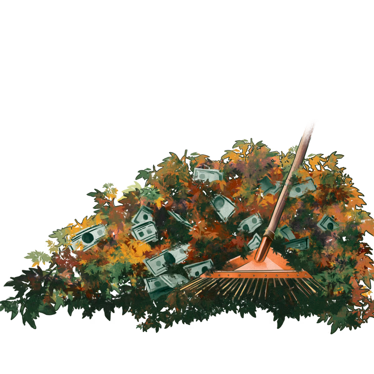 Pile of autumn leaves mixed with dollar bills being raked with an orange leaf rake.