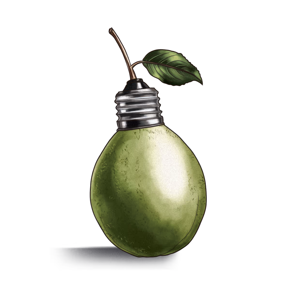 Illustration of a green pear with a metallic lightbulb base and a leaf attached to the stem.
