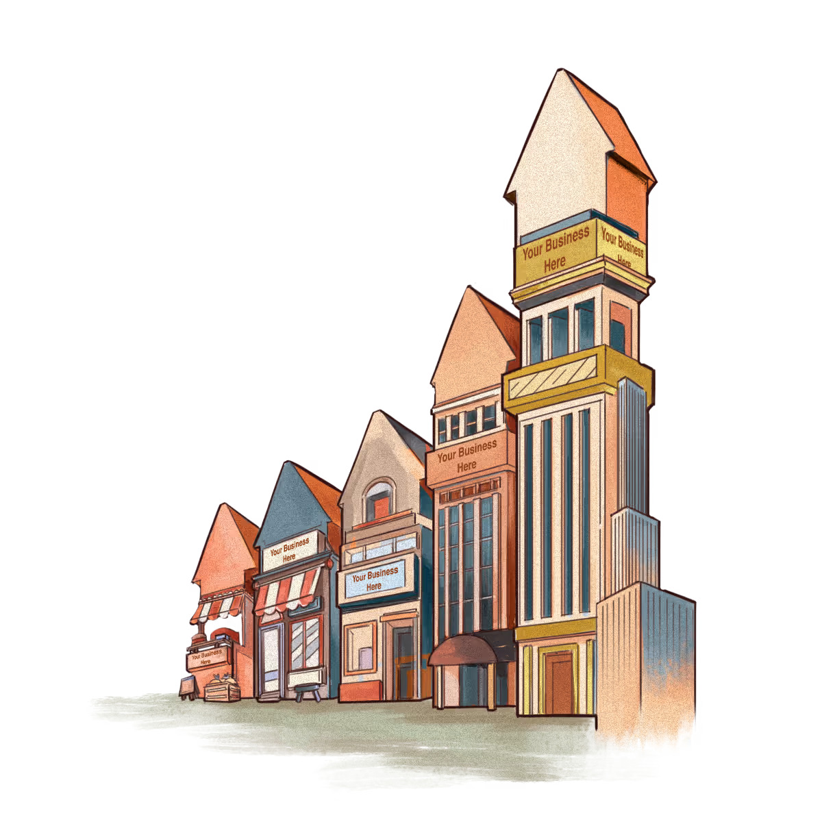 Illustration of a row of stylized commercial buildings with signs saying 'Your Business Here' for advertising space.