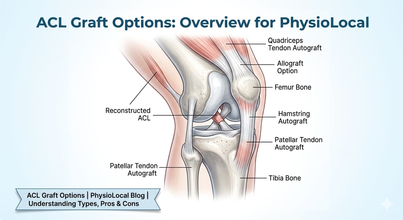 Medical illustration of a knee joint showing ACL graft options including quadriceps tendon, hamstring, and patellar tendon autografts for PhysioLocal.