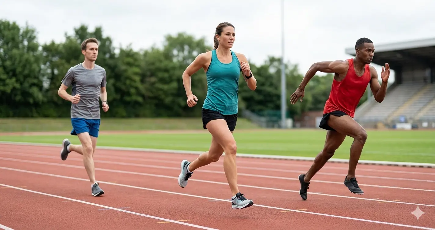 Different runners training on a track, representing the optimal weight for various running distances for PhysioLocal.