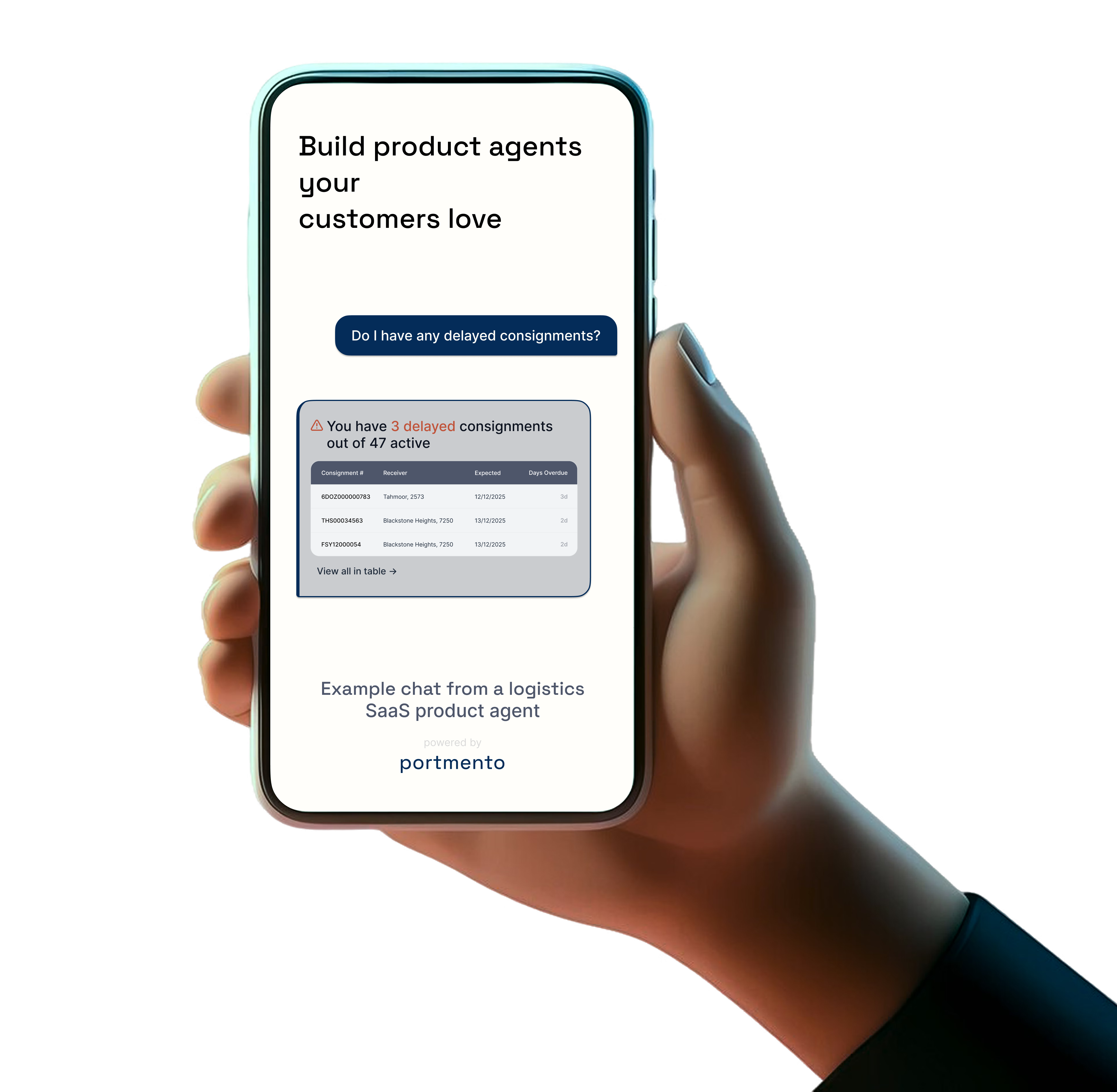 Hand holding a smartphone displaying a logistics SaaS product agent chat interface showing 3 delayed consignments out of 47 active with details of consignment number, receiver, expected date, and days overdue.