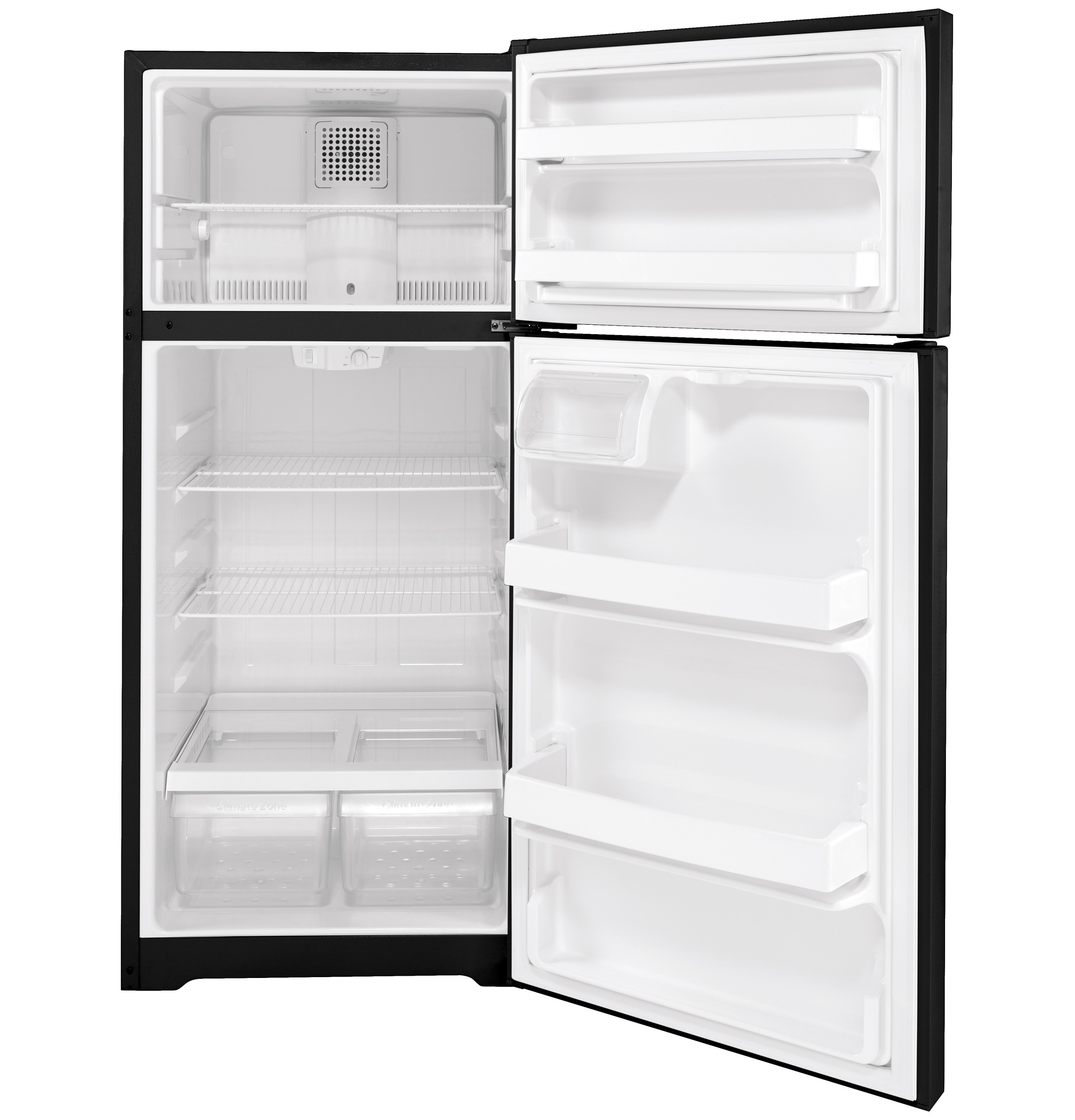 GE GTS17DTNRBB 28" Top Freezer Refrigerator 16.6 Cu. Ft. Black - door open