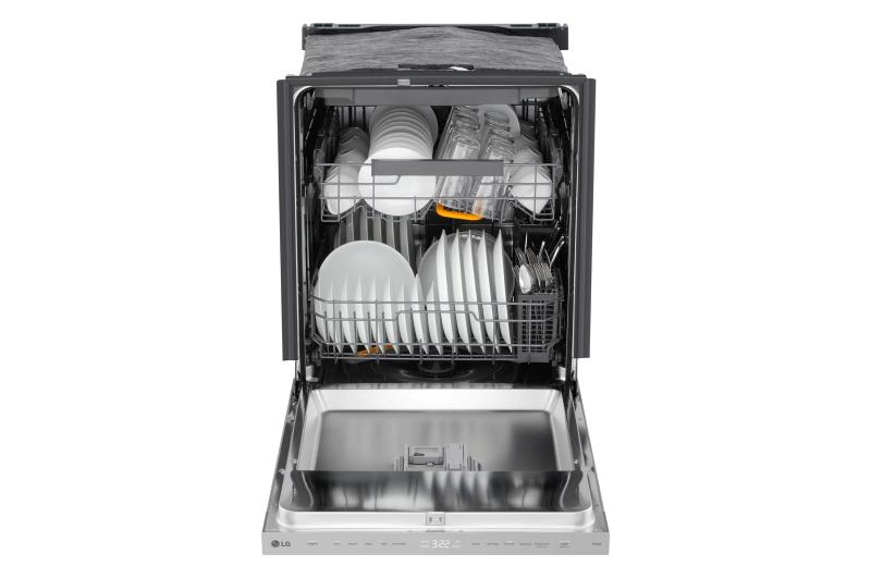 LG 24 Inch Smart FlushFit Top Control Dishwasher with BlastZone Bottle Wash and QuadWash - door open