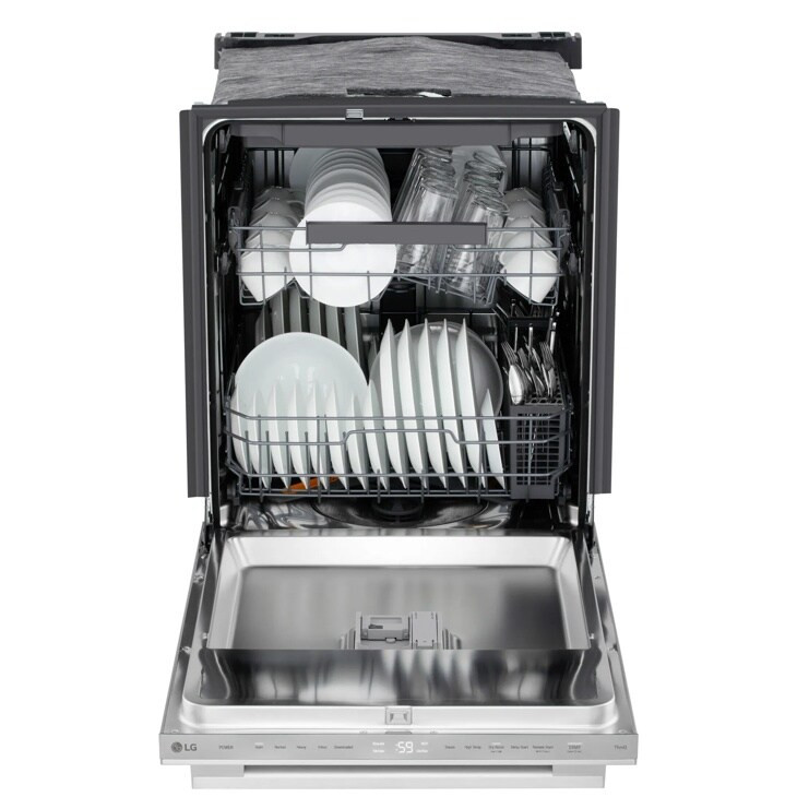 LG 24 Inch Smart FlushFit Top Control Dishwasher with QuadWash Pro and 1-Hour Wash & Dry (PrintProof Stainless Steel) - door open