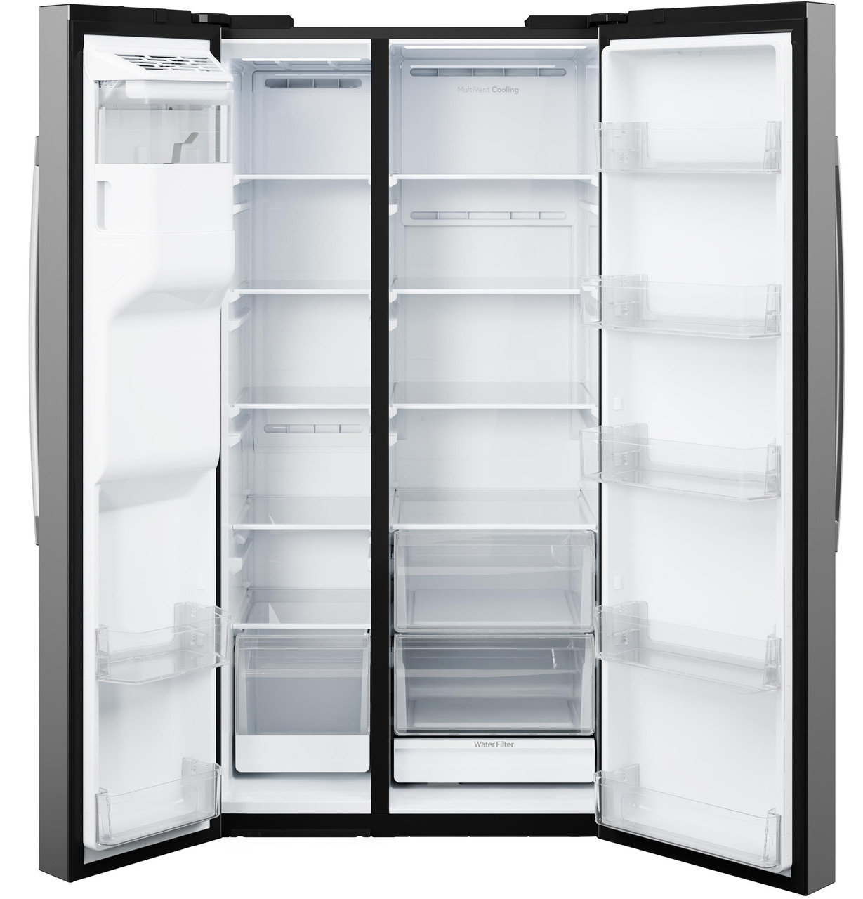GE 27.9 Cu. Ft. Side-By-Side Refrigerator with Extra Tall Dispenser and In-Door Icemaker - door open