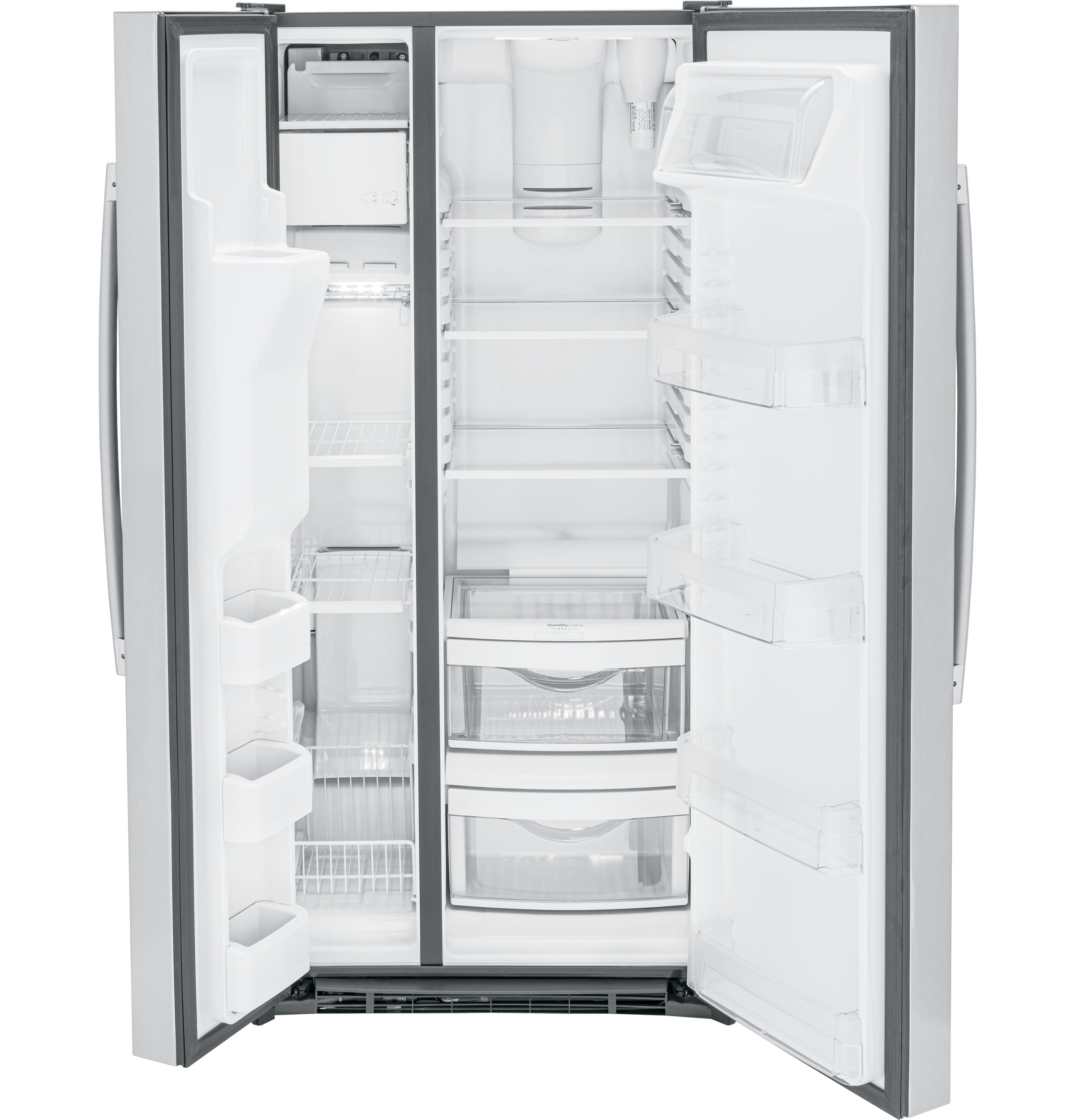 GE GSE23GYPFS 32.75" Side-by-Side Refrigerator 23 Cu. Ft. Fingerprint Resistant Stainless Steel - door open
