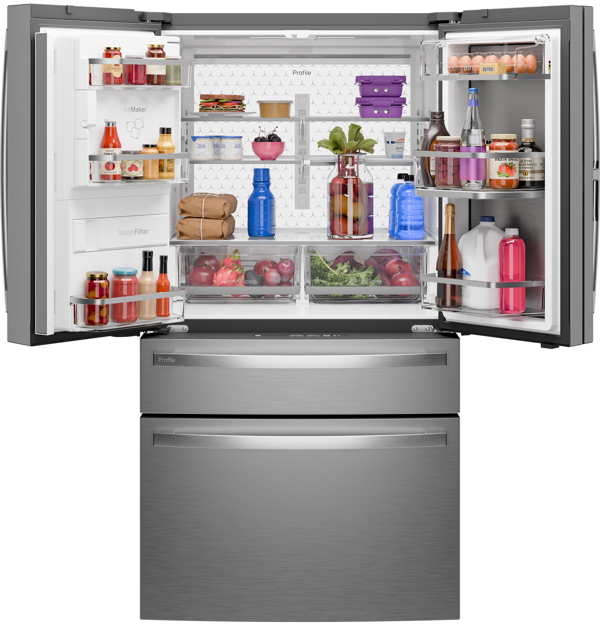 GE PVD28HYYFS 35.625" 4-Door French Door Refrigerator 27.9 Cu. Ft. Fingerprint Resistant Stainless Steel - door open