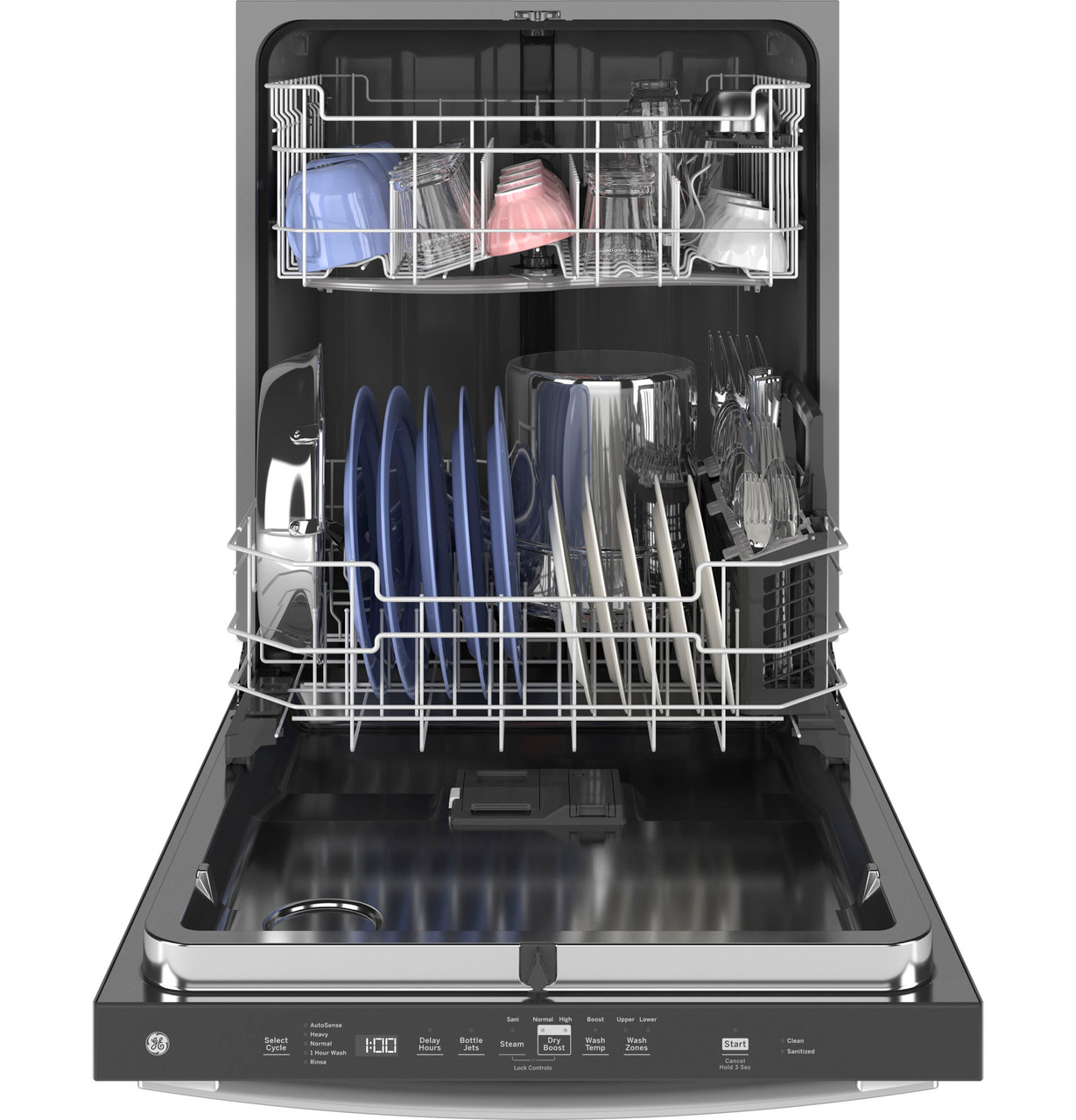 GE 24 in. Top Control Smart Dishwasher with Sanitize and Dry Boost, 50 dBA - door open