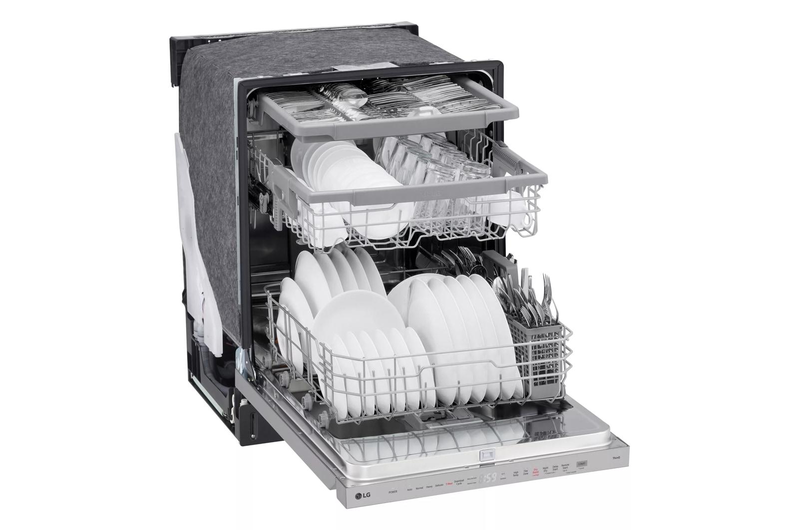 LG 24 Inch Smart Top Control Dishwasher with QuadWash Pro and 1-Hour Wash & Dry (PrintProof Stainless Steel) - door open
