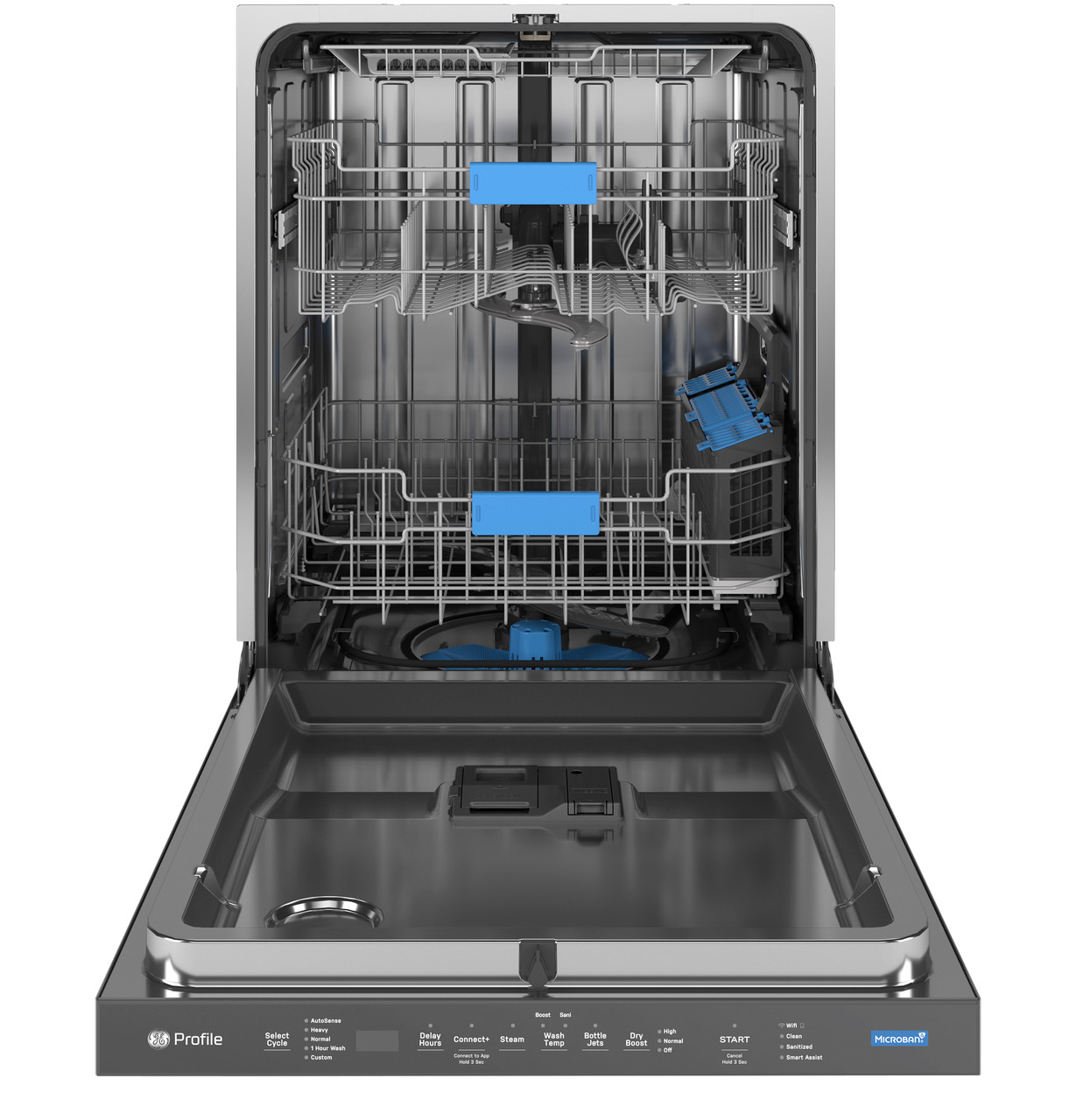 GE Profile ENERGY STAR Fingerprint Resistant Top Control Stainless Interior Dishwasher with Microban Antimicrobial Technology - door open