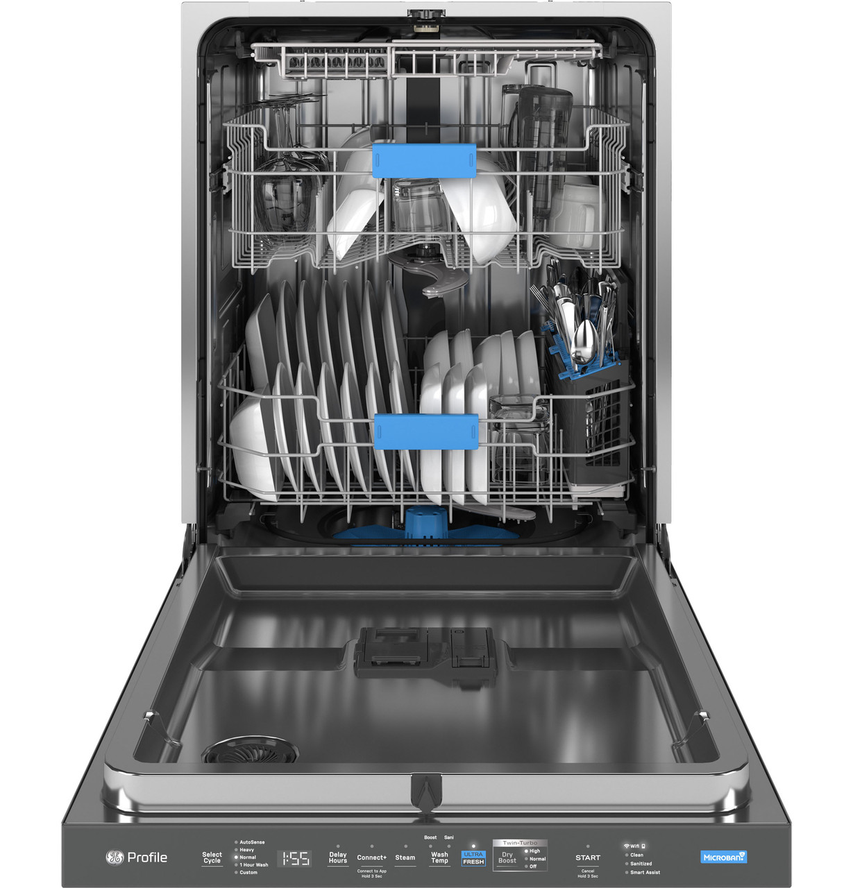 GE Profile 24 in. Smart Top Control Dishwasher with UltraFresh, 39 dBA - door open