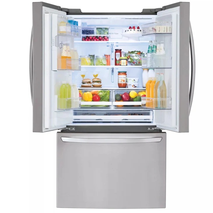 LG 28 cu. ft. 3-Door French Door Refrigerator with Dual Ice Makers and Craft Ice (PrintProof Stainless Steel) - door open