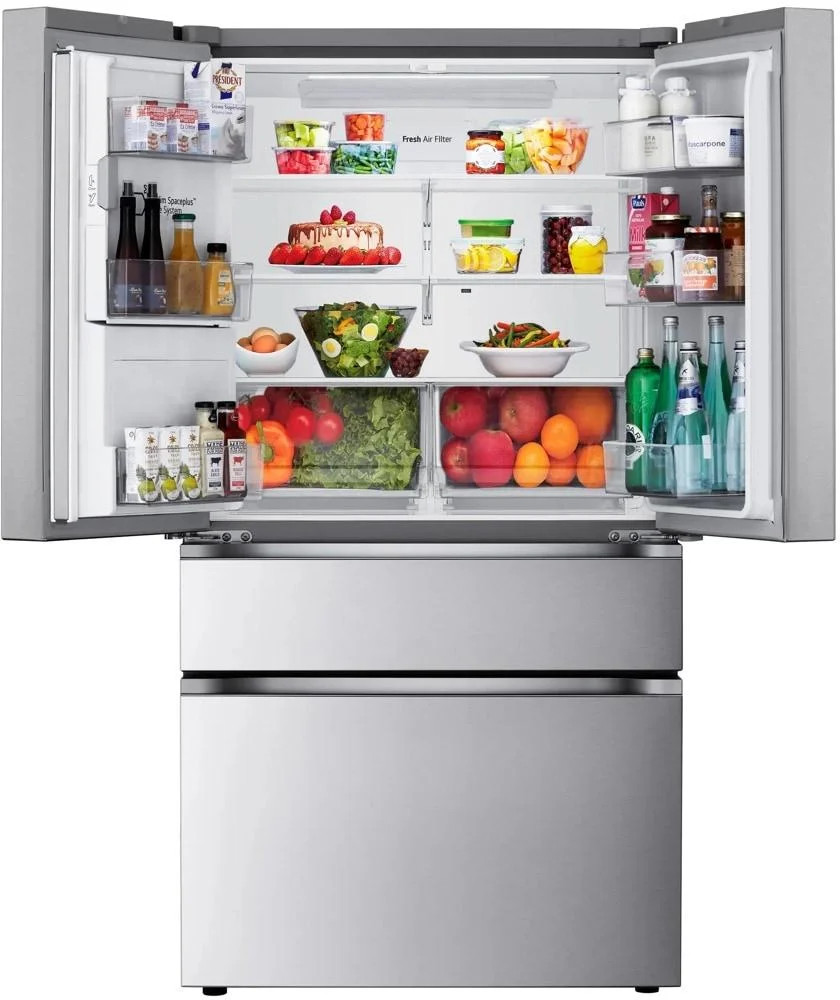 LG 29 cu. ft. Standard-Depth MAX 4-Door French Door Refrigerator with Full-Convert Drawer (PrintProof Noble Steel) - door open
