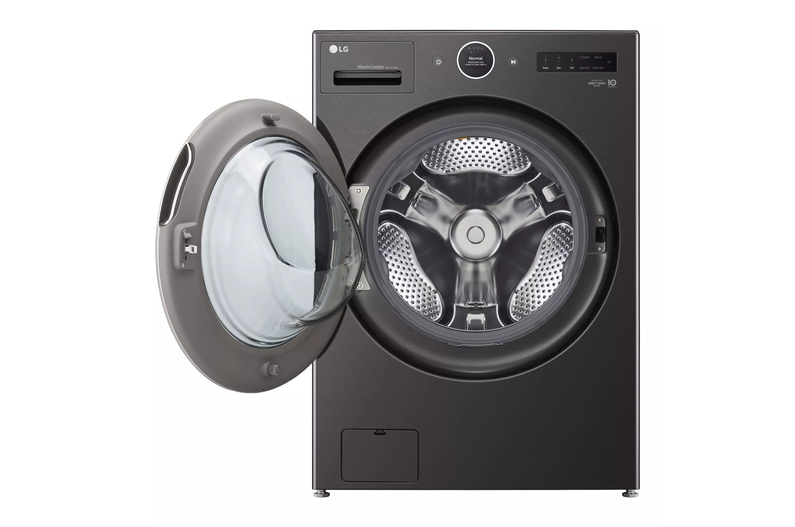 LG WM6998HBA 27" Washer Dryer Combo 5 Cu. Ft. Black Steel - door open