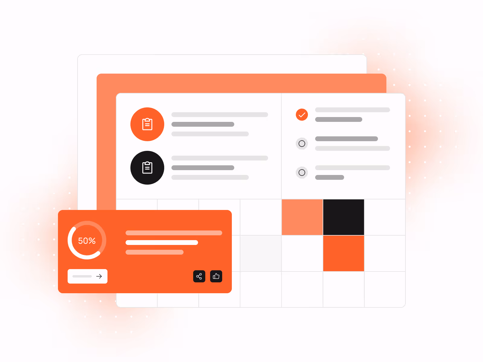 Digital interface with checklist icons, progress bar showing 50%, and a grid with colored squares.