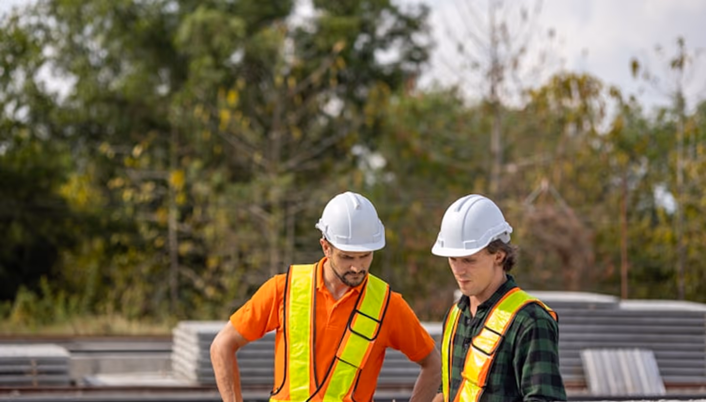 Two construction workers wearing white hard hats and reflective safety vests are inspecting documents at an outdoor construction site with stacks of materials in the background.