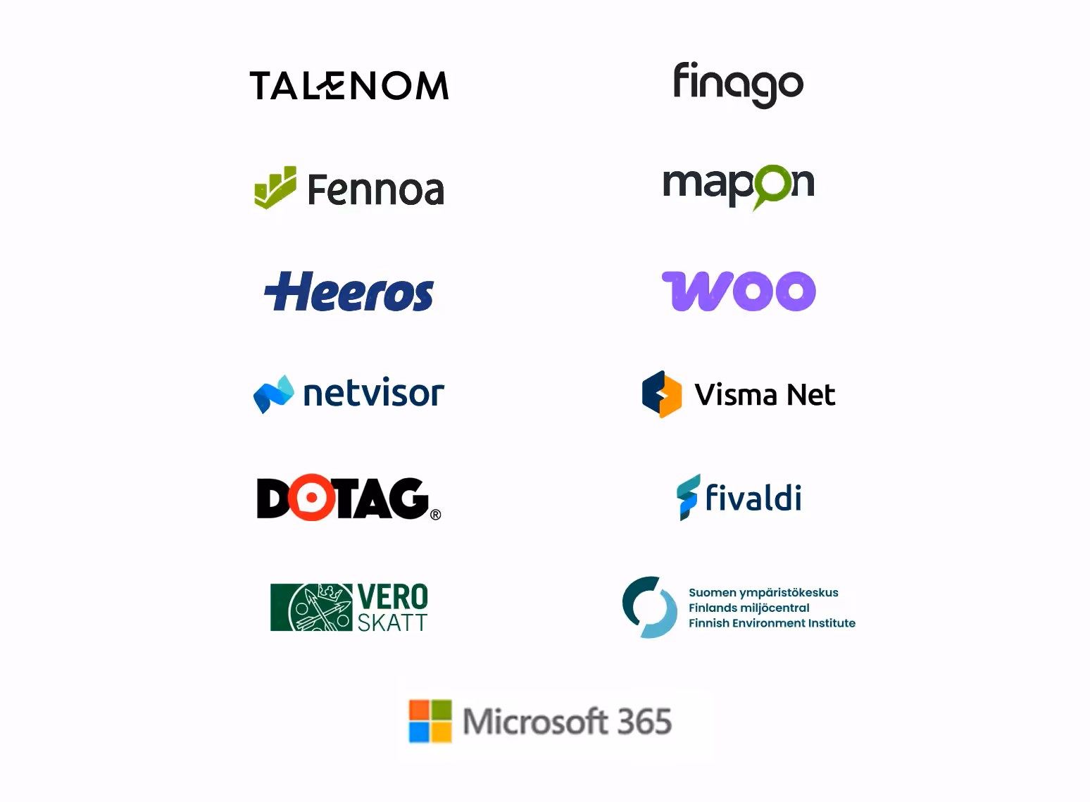 Grid of 12 business logos arranged in two columns with Microsoft 365 logo below, featuring Talenom, Fennoa, Heeros, netvisor, DOTAG, VEROSKATT, finago, mapon, woo, Visma Net, fivaldi, and Finnish Environment Institute.