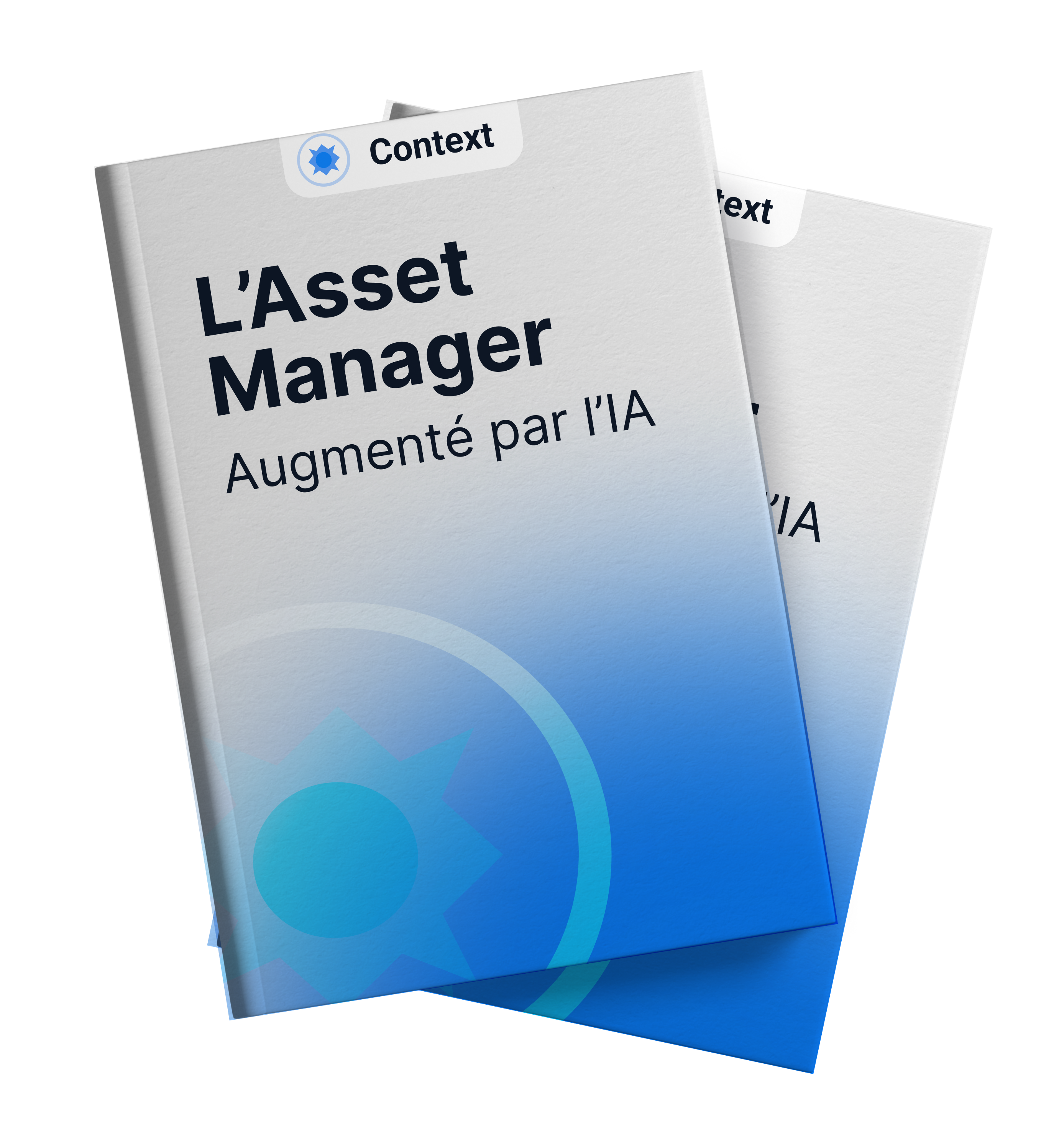 Two overlapping book covers titled 'L'Asset Manager Augmenté par l’IA' with a gradient blue design and Context logo.