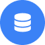 White database icon with stacked cylindrical disks on a blue circular background.