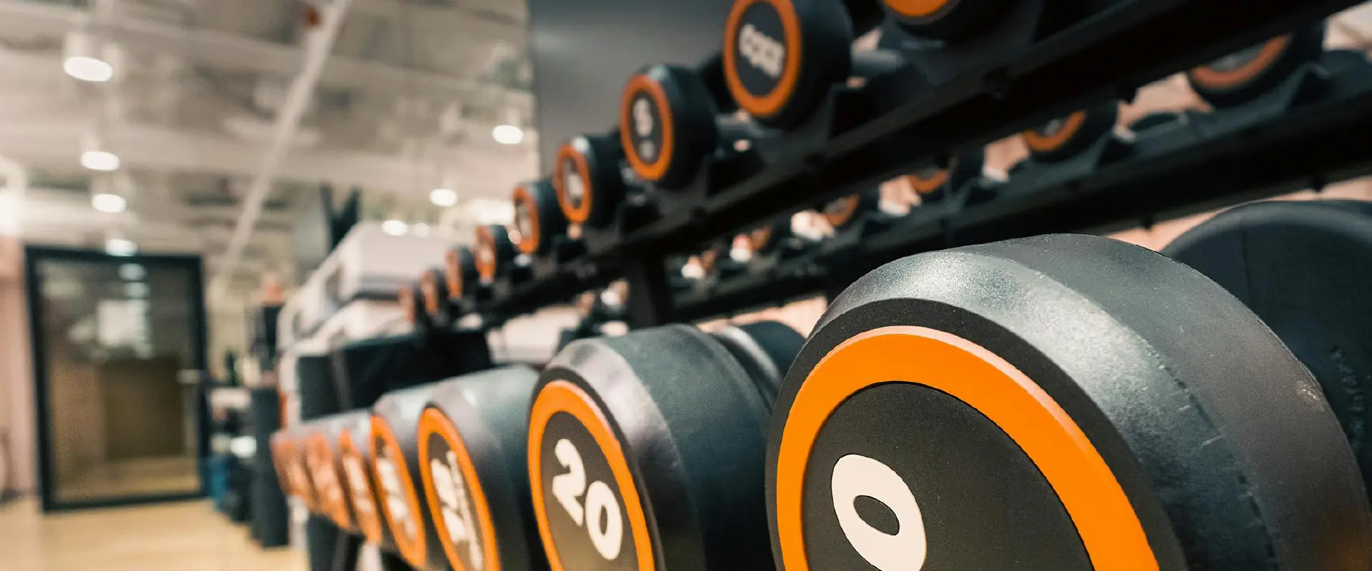 Close-up view of a rack of black dumbbells with orange accents in a gym setting.
