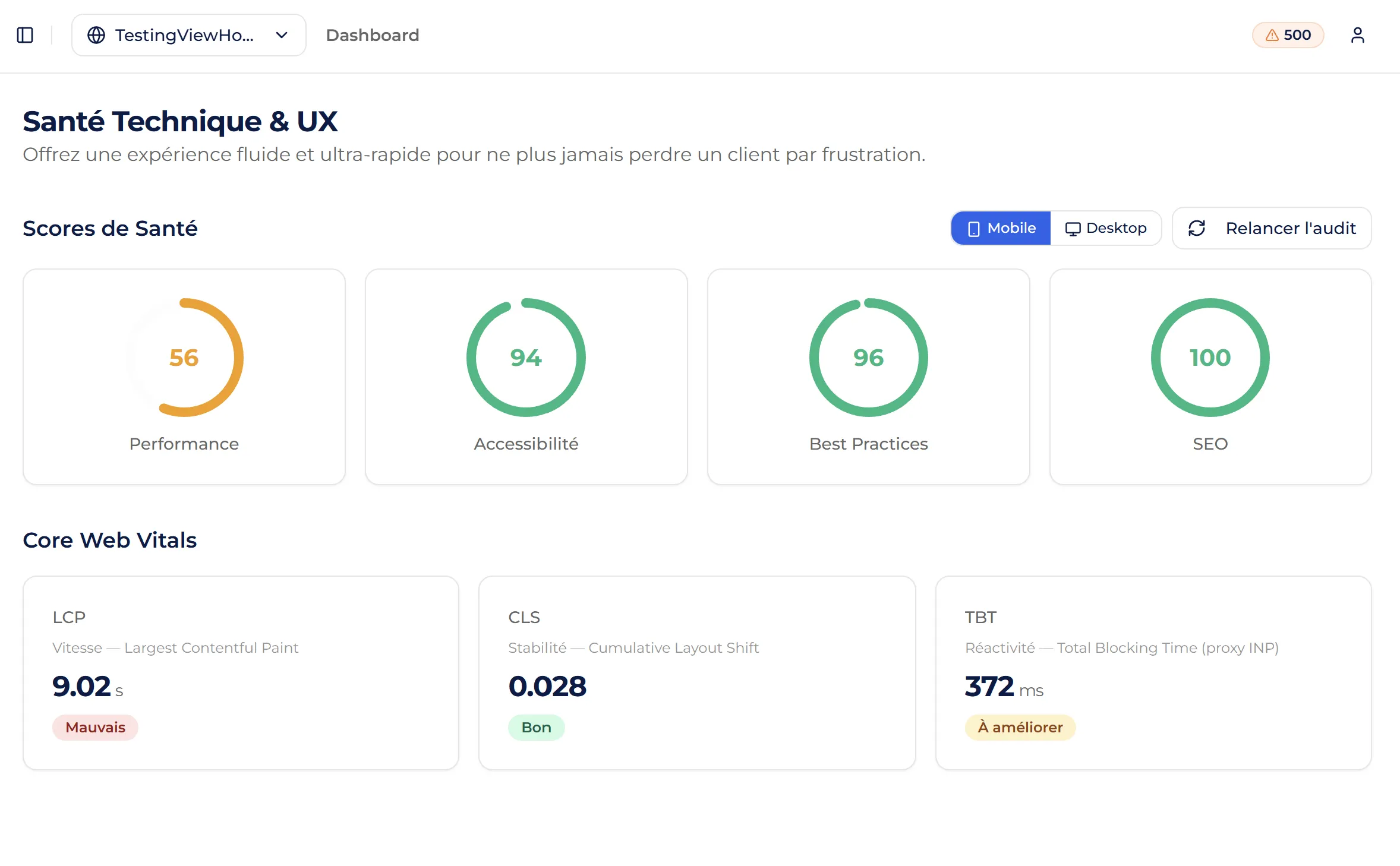 Tableau de bord avec la santé du site et une analyse lighthouse sur Lysible