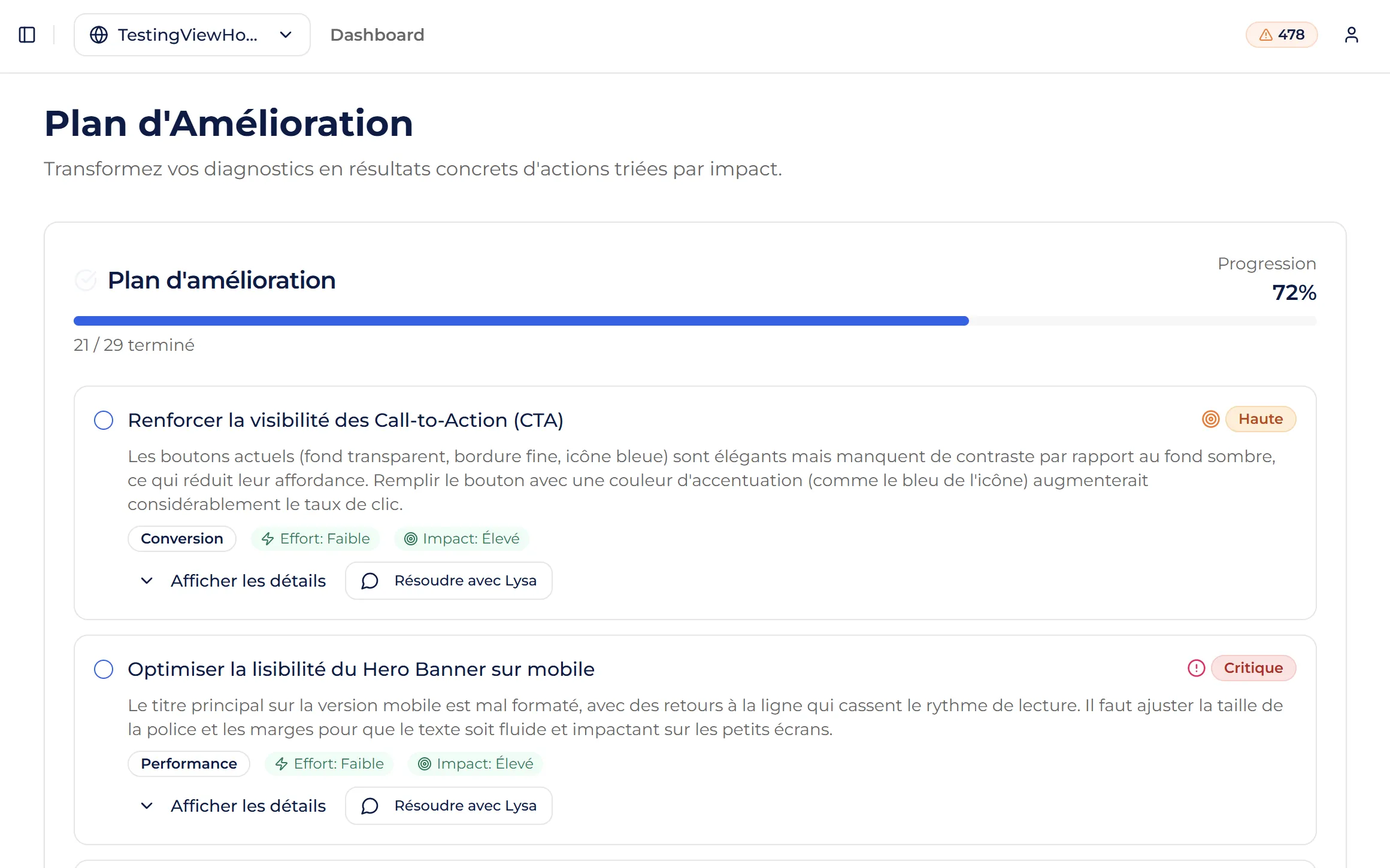 Application Lysible avec le plan d'améliorations pour corriger les erreurs