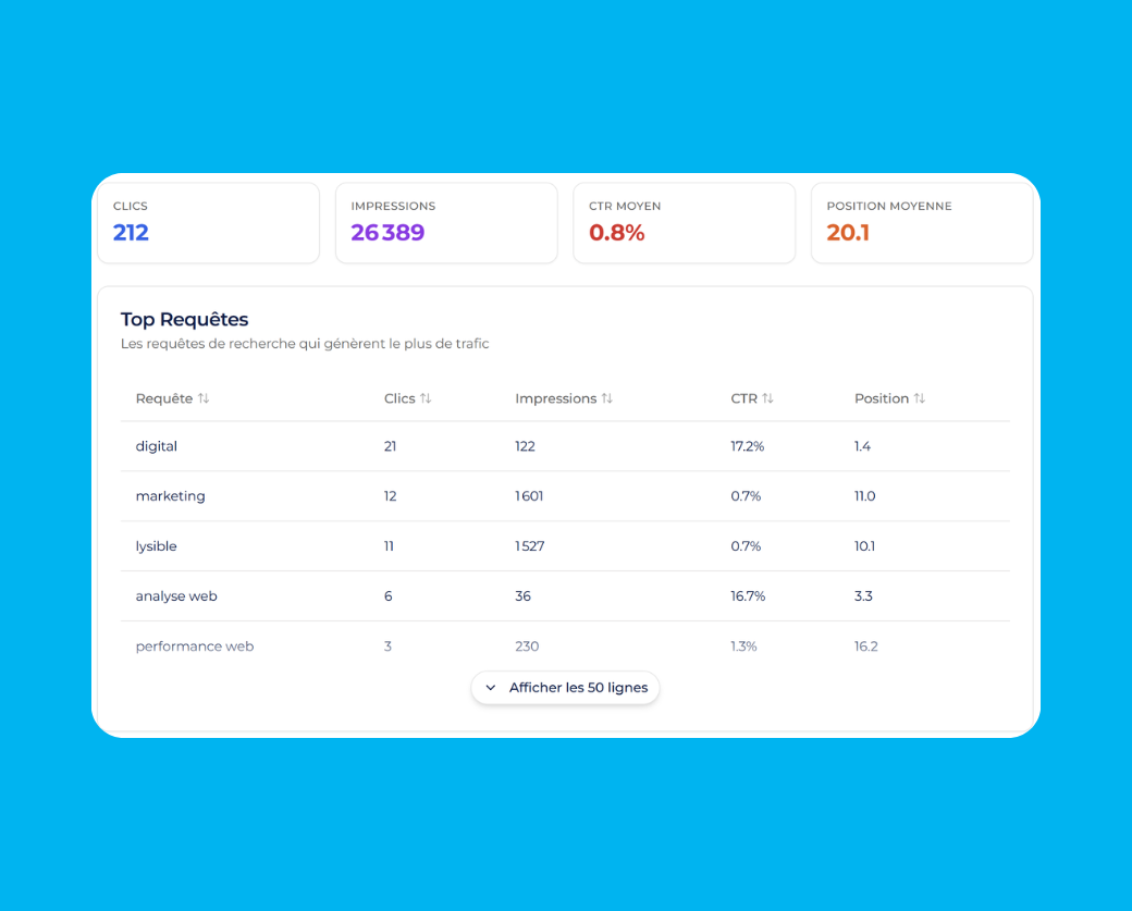 Analyse de site et des performances SEO sur l'application Lysible