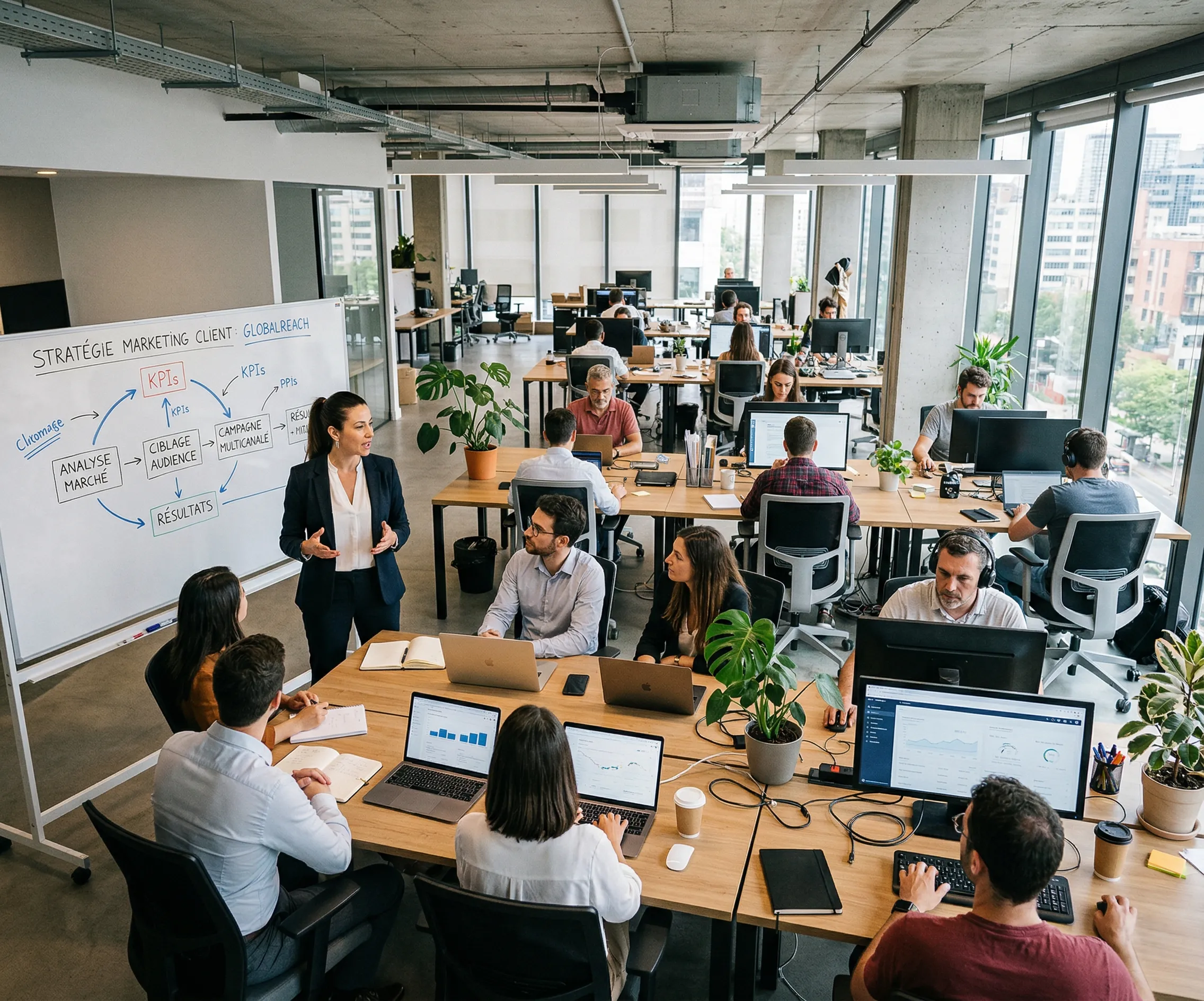 Grande agence digitale qui fait un point stratégique pour un client en équipe
