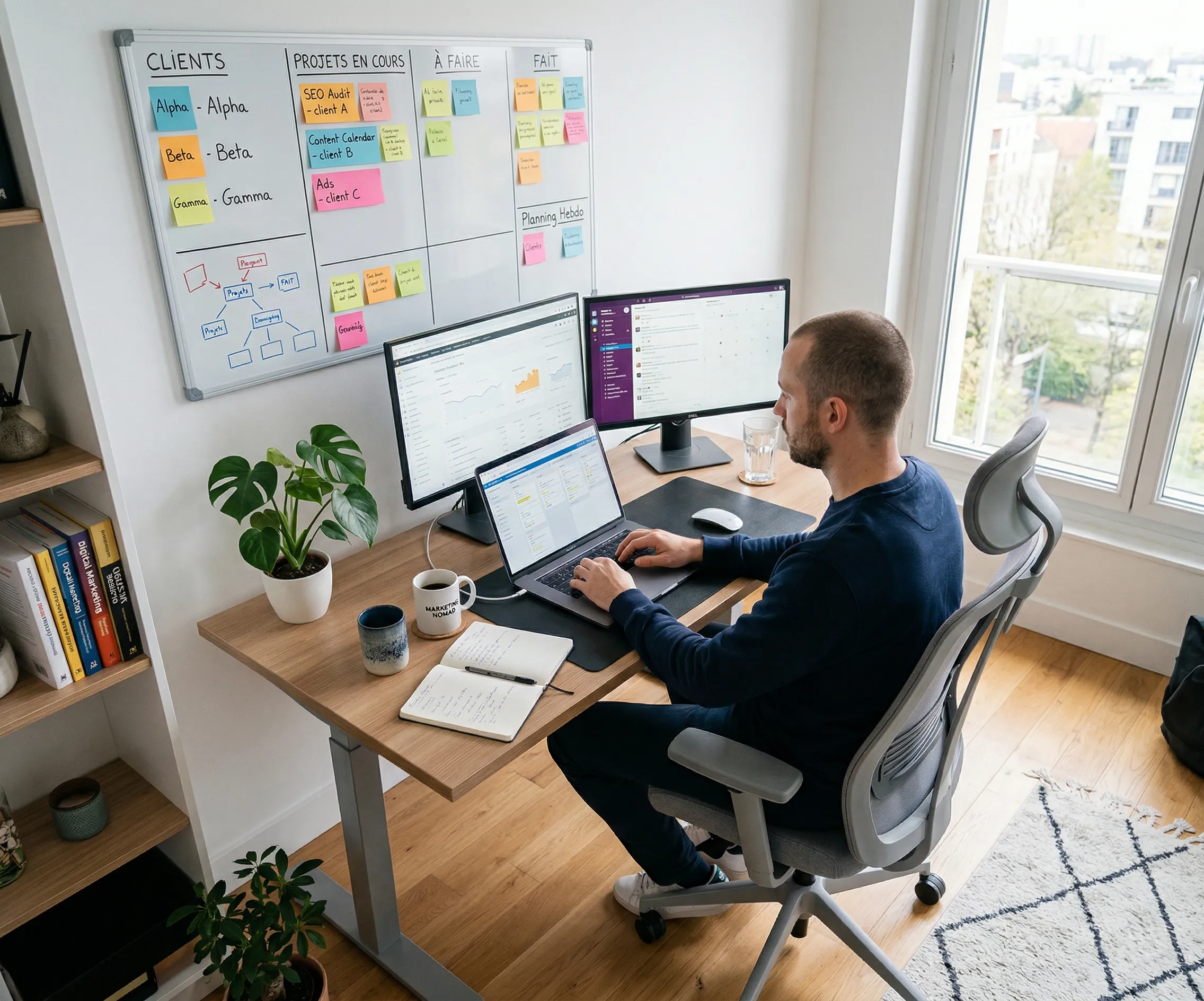 Un freelance qui gère les données marketing de son client dans son bureau