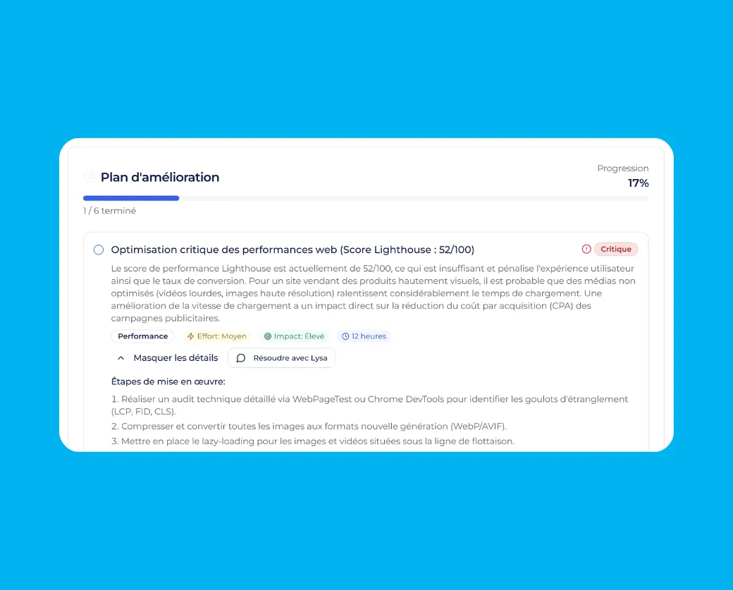 Affichage du plan d'amélioration de l'application Lysible afin de corriger et améliorer son site selon les priorités