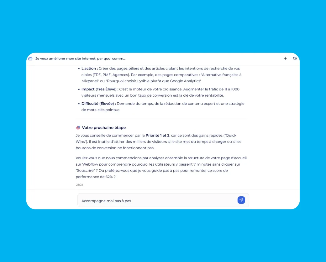 Affichage d'une conversation avec l'assistante IA Lysa spécialiste des données web et des stratégies SEO 