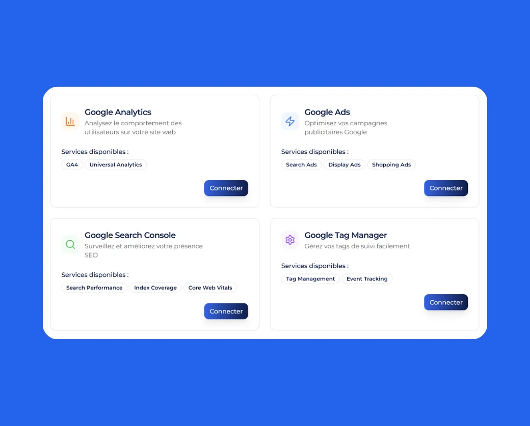 Affichage des intégrations Google pour l'application Lysible afin de récupérer les principales données
