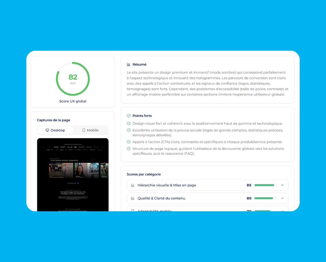 Affichage de Lysible Vision permettant d'avoir une analyse UX d'une page spécifique et l'améliorer