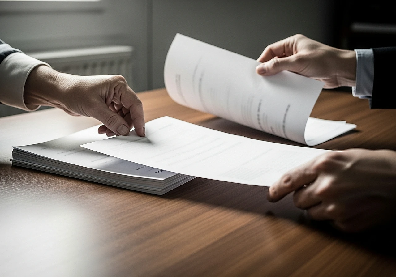 Mains triant des documents papier, un ancien rapport mis de côté sur un bureau en bois