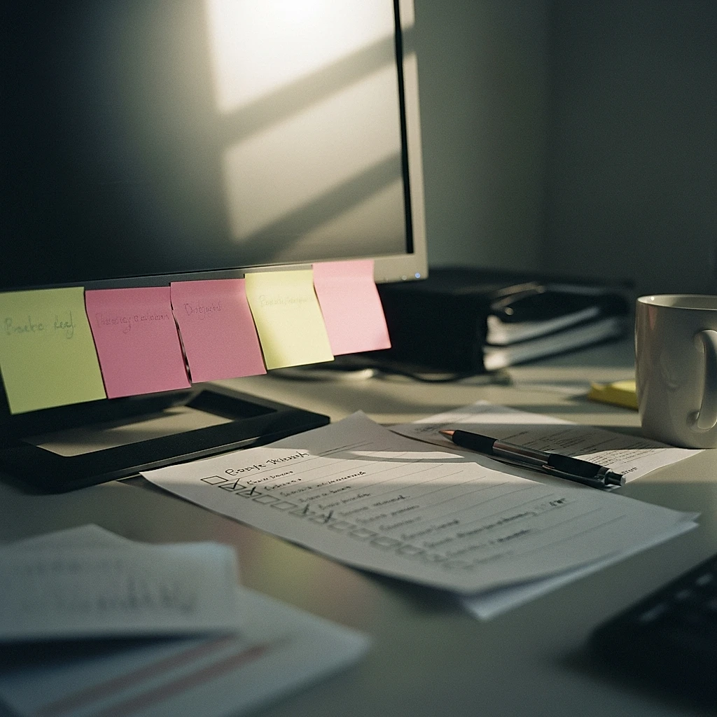 Plan de travail avec post-its et liste cochée à la main, écran flou en arrière-plan